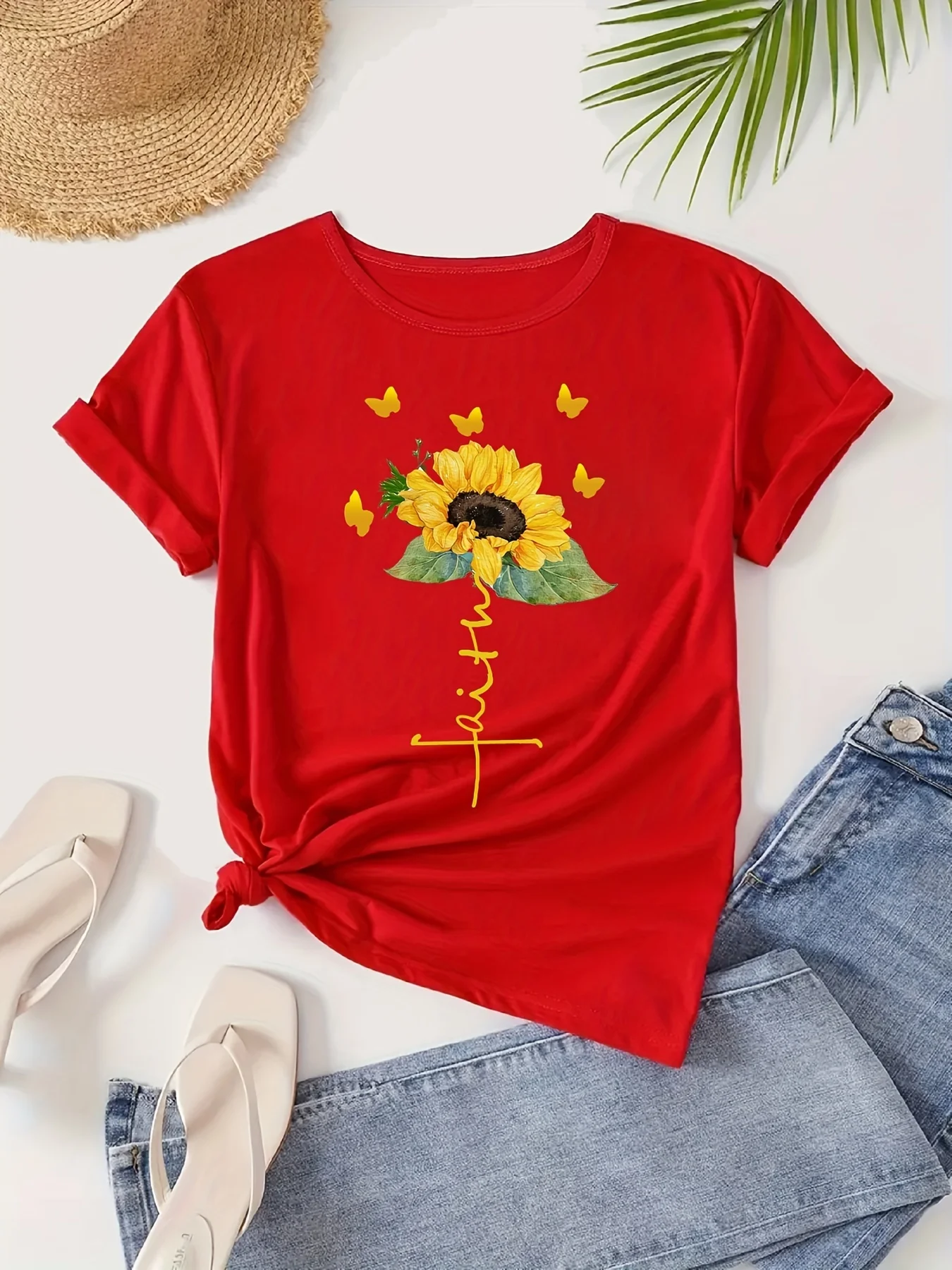 T-shirt casual con grafica girasole girocollo lettera stampata top sportivo estivo da allenamento manica corta Harajuku da donna casual