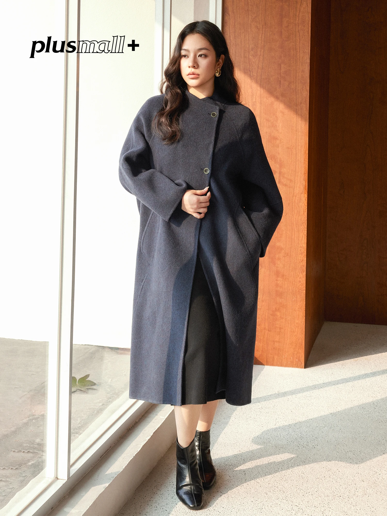 

Double-Sided Woolen Coat Stand Collar plus Size Women's Casual Winter Outerwear Silk Blend Yak down Munich Warm Sun