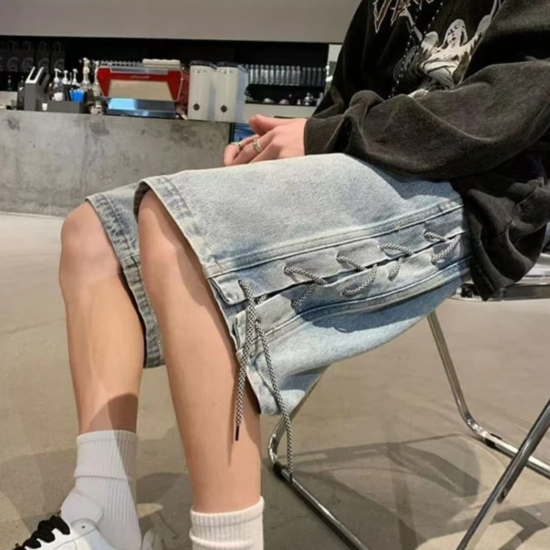 헐렁한 반 남성 데님 반바지 한국 패션 인기 컷 세일 Jorts Y2k New In Street Rude Distressed Men's Short Jeans Pants