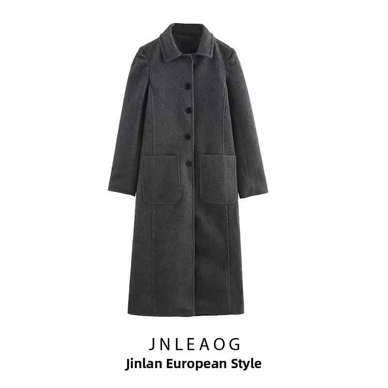 JNLEAOG Herbst Neue Faionable Mixed Stoff frauen Mantel Hohe Taille Gerade Rohr Rock Lange Sve Flip Kragen Casual Einzelnen...