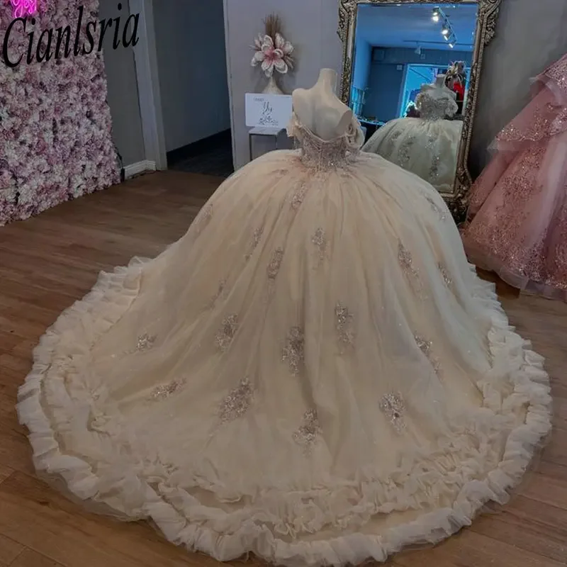 Champagne Tiered Ruffles Quinceanera Dresses Ball Gown Appliques Lace Customized Corset Dresses Of XV Anos