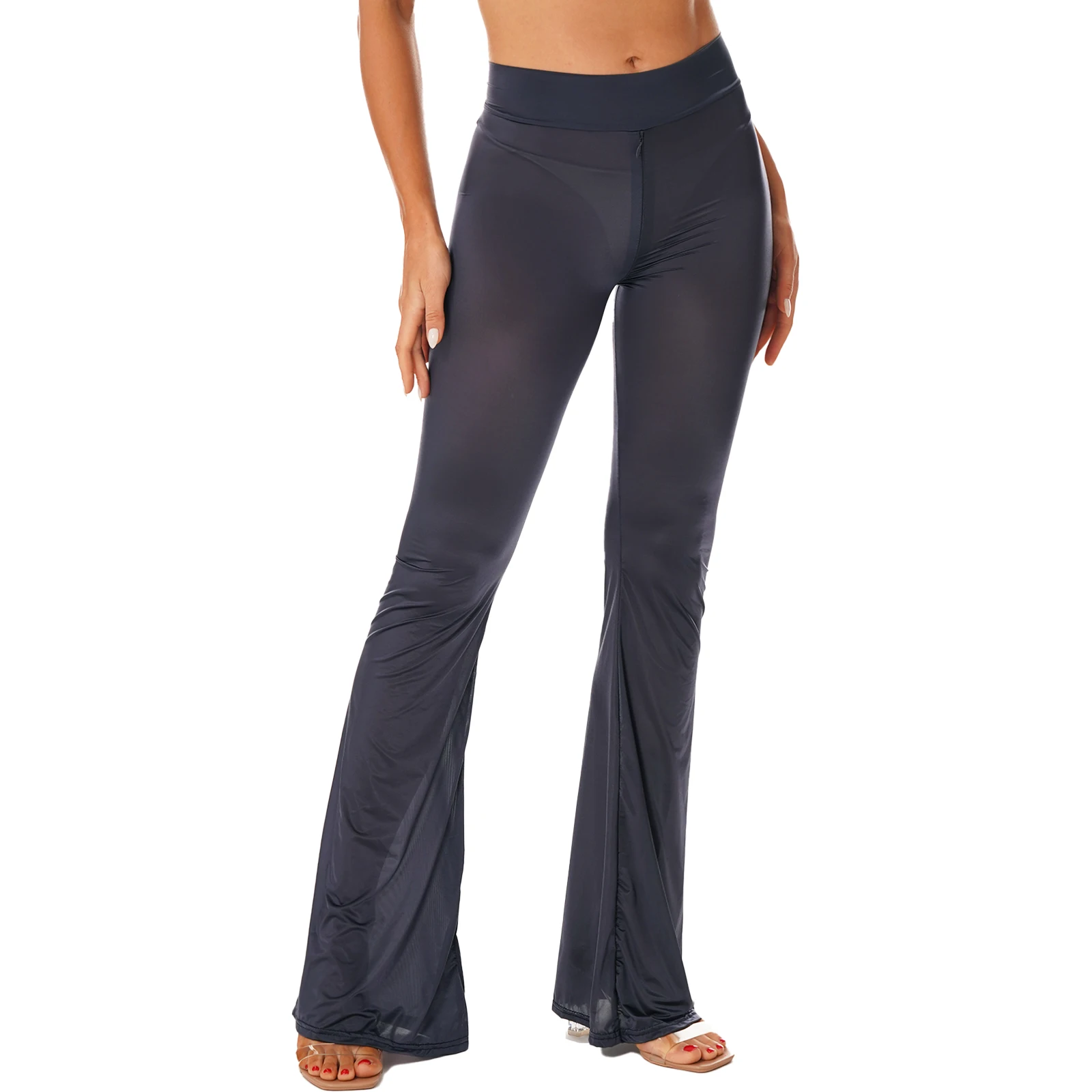 Womens Semi See-Through Yoga Flared Pants Zipper Crotch Bell-Bottomed Trousers for Skinny Workout Club Pole Dancing Performance