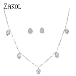 ZAKOL Fashion Water Drop Cubic Zirconia Choker Jewelry Sets for Women Gold Color Stud Earrings Necklaces Party Style SP3313