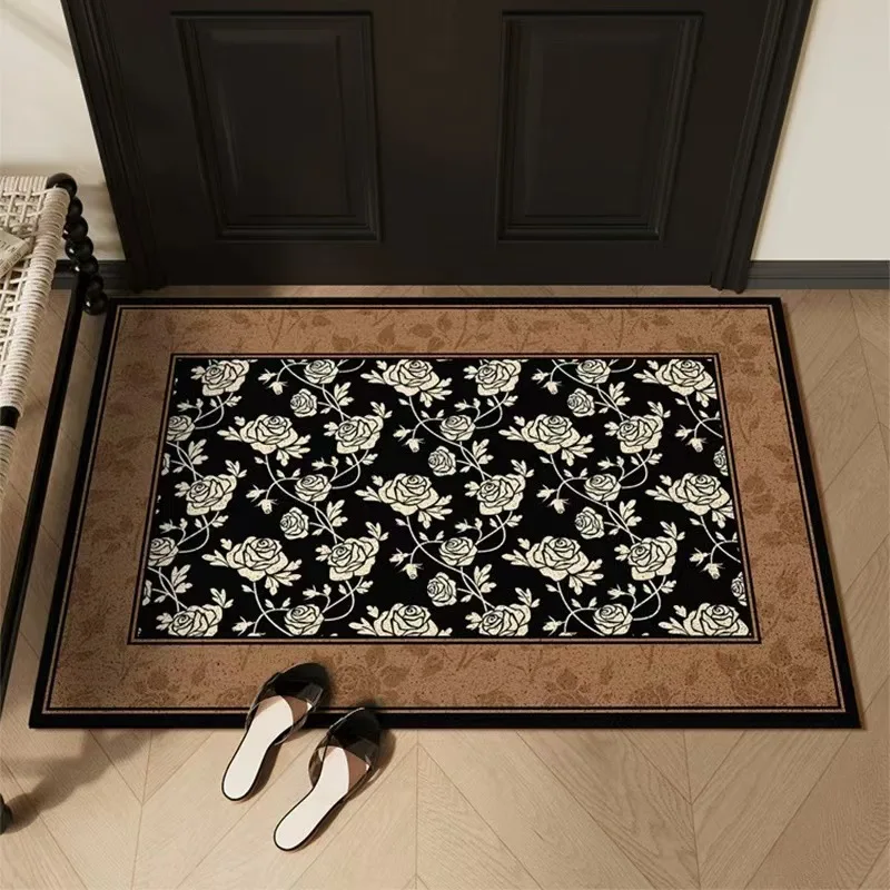 Vintage Floral Welcome Floor Mat Retro Entrance Doormat Non-slip PVC for Entry Entryway Home Decor Dust Removal Carpet Silk Loop