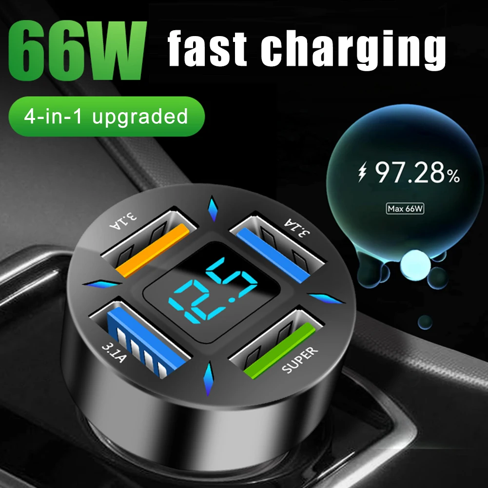 Car Charger 66W PD Fast Charging Type-C 12V/24V 4 USB Ports Cigarette Lighter Adapter LED Voltmeter For Huawei Xiaomi IPhone 13