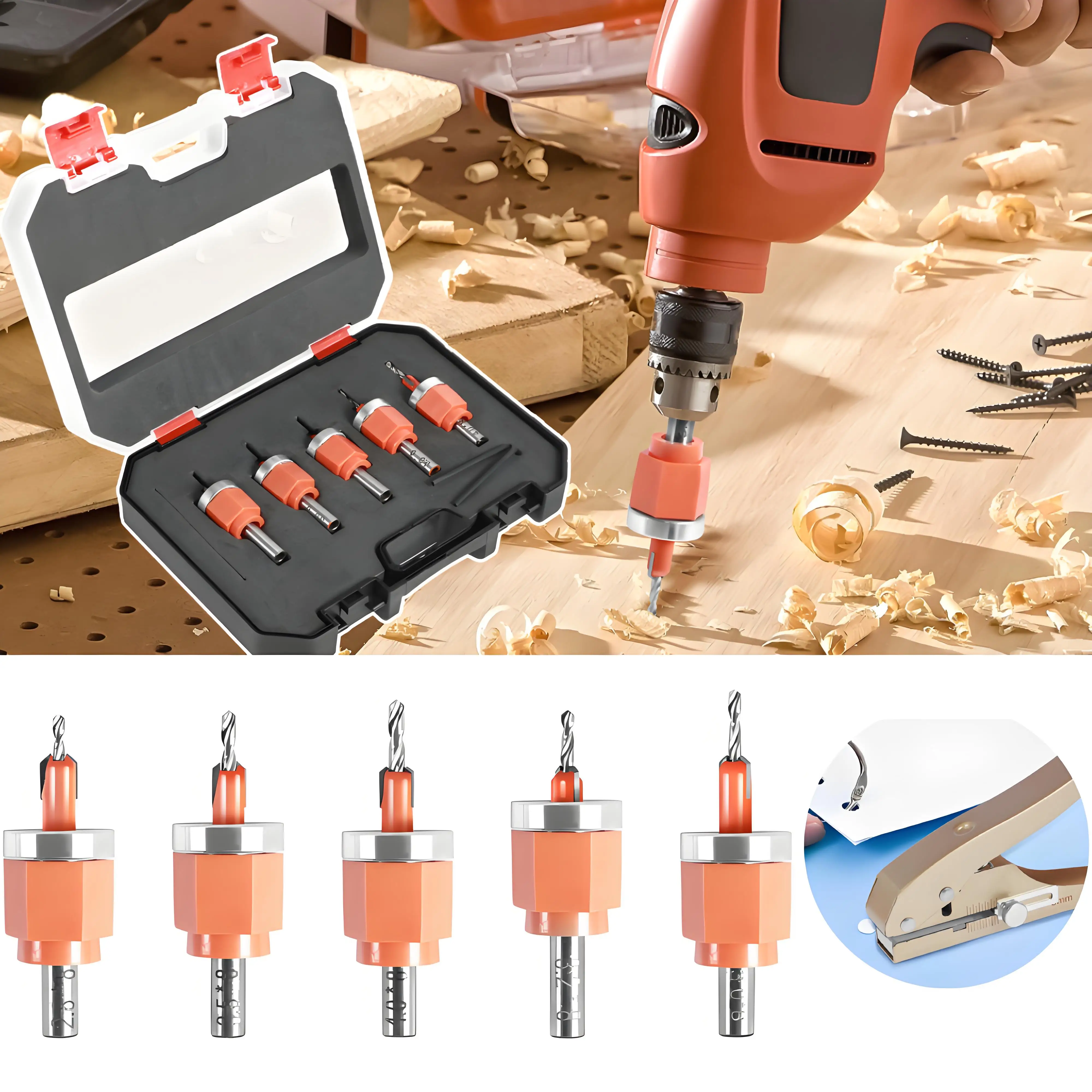 

Набор сверл с зенковкой и плоскогубцами для кромкооблицовки. Глубокий регулируемый ограничитель. Плоскогубцы для штамповки карточек из ПВХ. Железный винт.