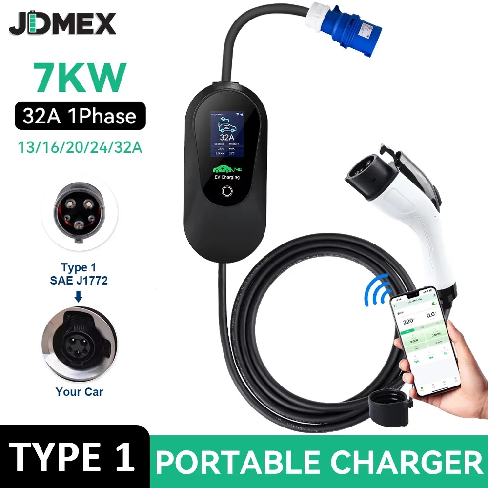 

Портативное зарядное устройство JDMEX 7 кВт для электромобилей, Тип 1, 32А, 1 фаза, быстрая зарядка, настенная зарядная станция, кабель 5 м с разъемом CEE, управление через приложение