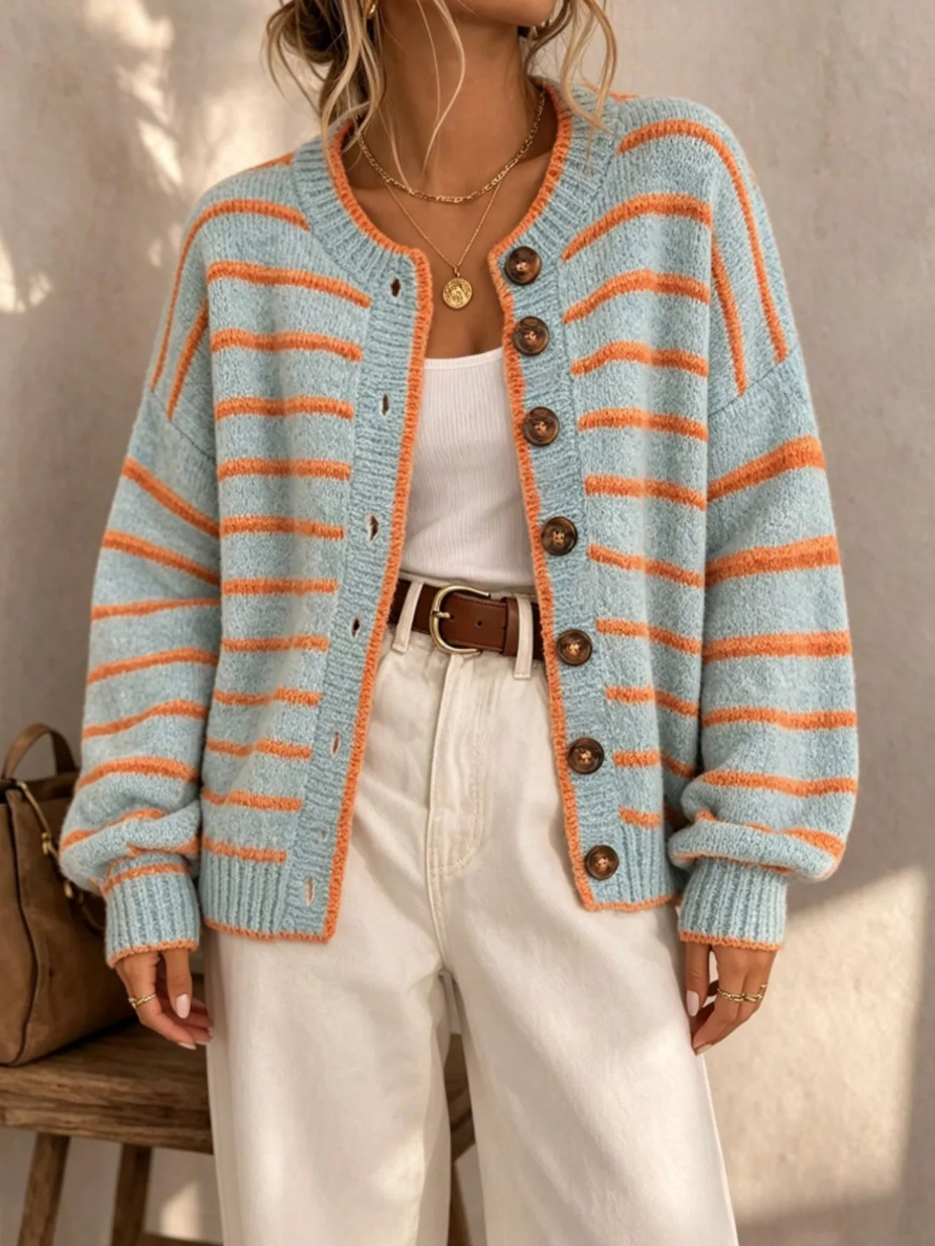 B New Women Oversized Striped Knit Cardigan Round Neck Wooden Buttons Long Sleeve Loose Sweater Coat Autumn Casual Outerwear