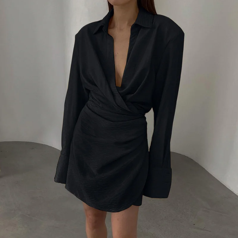 

Solid Whtie Black High-grade Vertical Cross Deep V-neck Long Sleeve Mini Dress Women 2022 Spring Versatile Ol Hip Wrap Dress