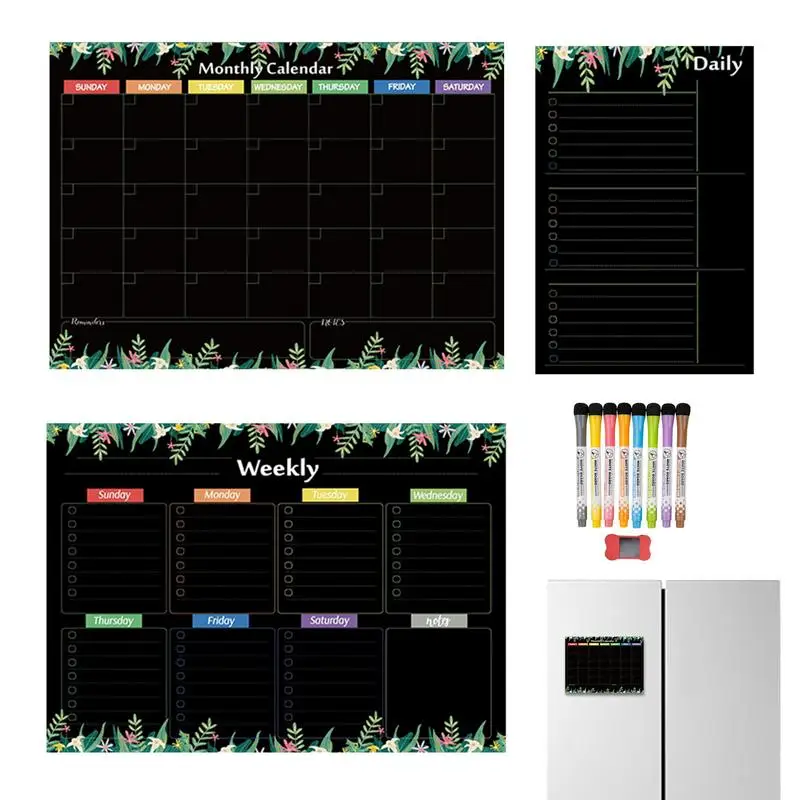 Calendrier magnétique pour salle de classe, ensemble de 3 calendriers pour planificateurs de réfrigérateur avec marqueurs, gommes, Organization murale mensuelle hebdomadaire
