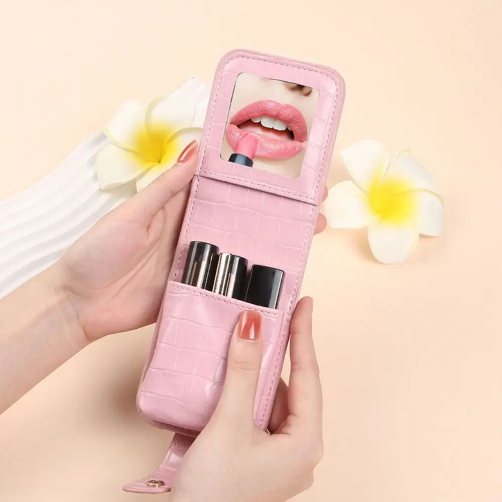 حقيبة أحمر شفاه جديدة بنمط التمساح مع مرآة من جلد البولي يوريثان وغطاء حماية لأحمر الشفاه حقيبة مكياج صغيرة محمولة للنساء والفتيات