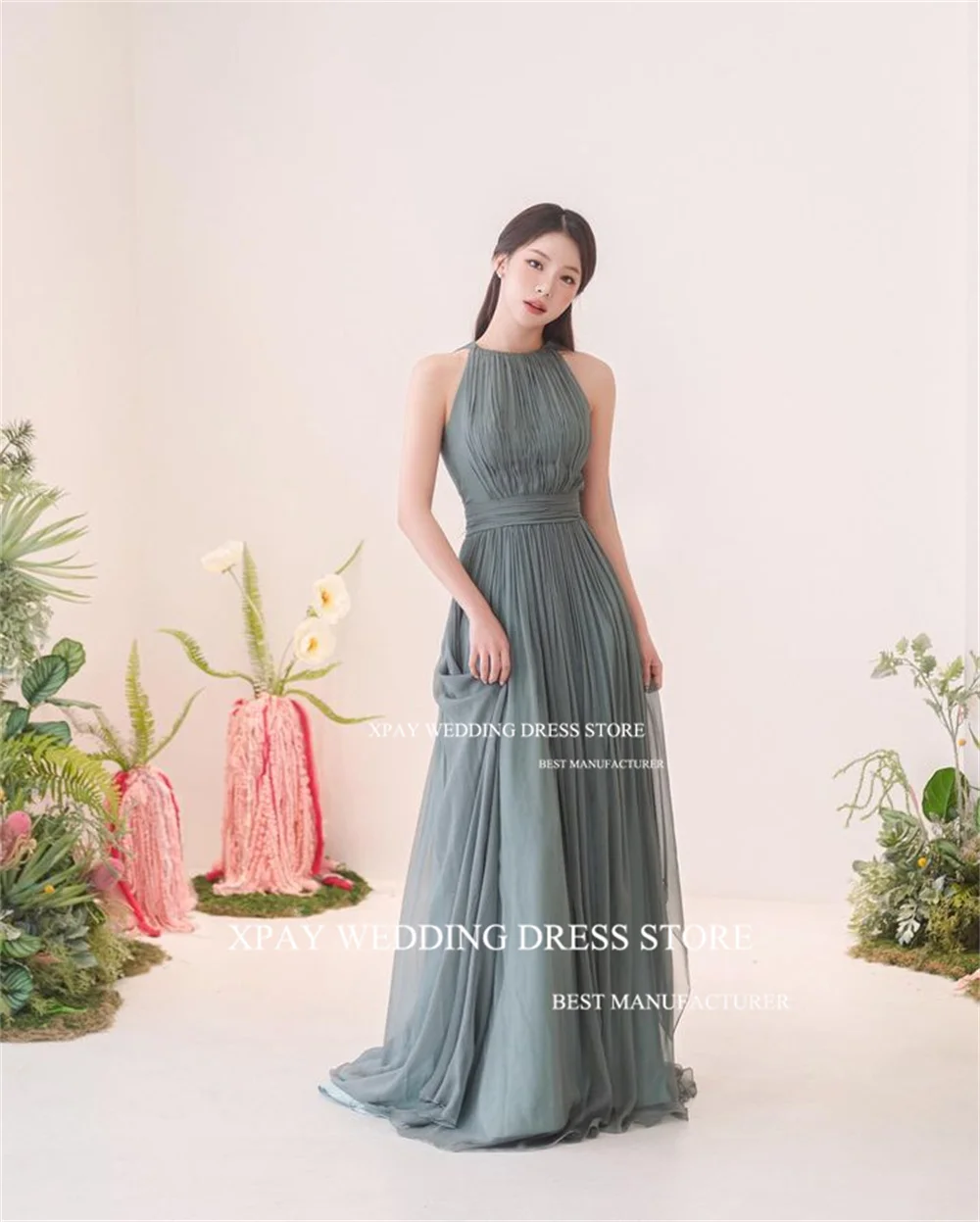 XPAY Elegant O Neck Korea Chiffon Evening Dresses Photos Shoot Wedding Guest Prom Gown Sleeveless Ribbons Birthday Formal Dress