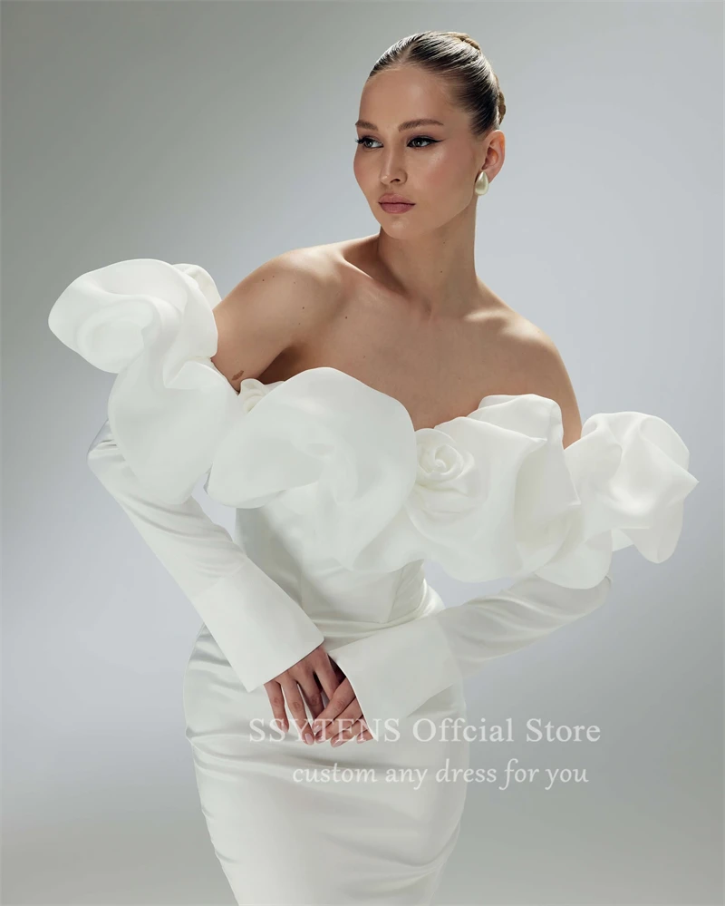 Luxury Wedding Dresses with Long Sleeves Off the Shoulder Civil Bridal Gowns for Women Flowers 3D Ruched Custom Made Bride Dress