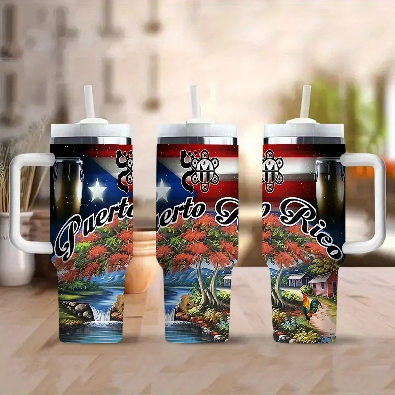 1 Piece Of 40 Ounce Puerto Rico Themed Stainless Steel Glass With Handle - An Ideal Men, Teenage Boys, Boyfriends, Featuring