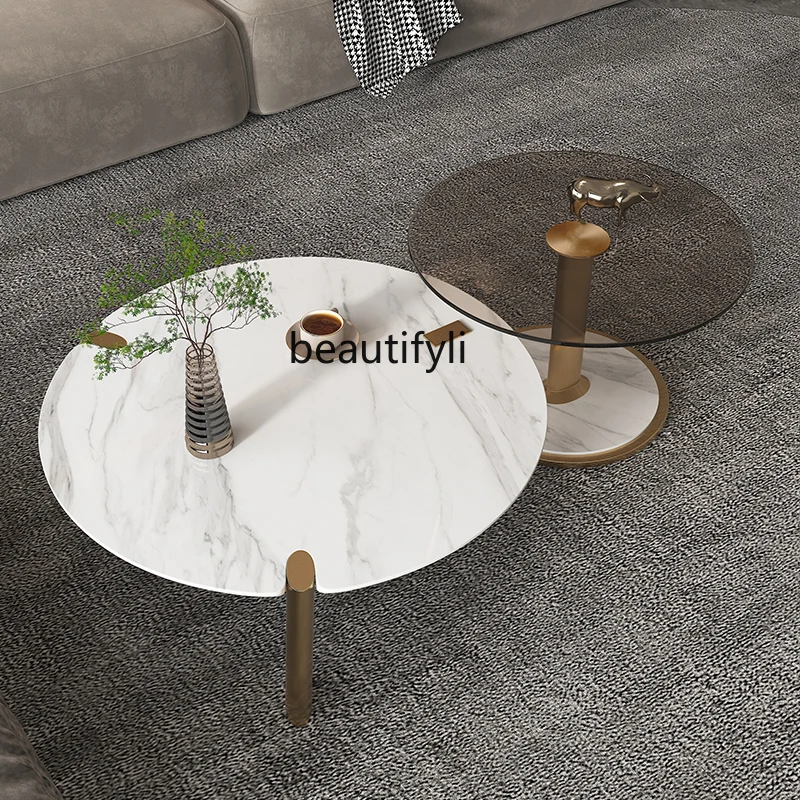 

Light luxury glass coffee table combination living room household small apartment size round rock slab tea table