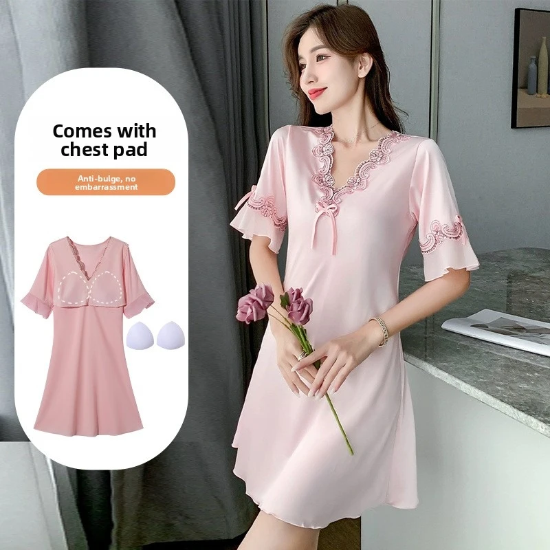 Women'S Summer Nightgown -In Chest And Ice StrapsBraOne-Piece Silk Pajamas With Built-In Breast Pads Lace