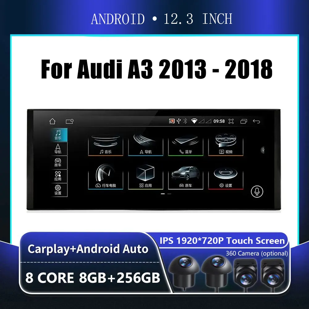 Androidカーラジオ,タッチスクリーン,2013インチ,4g,カーアクセサリー,CarPlayモニター,マルチメディアプレーヤー,BT 2018,Audi A3 12.3-5.0用