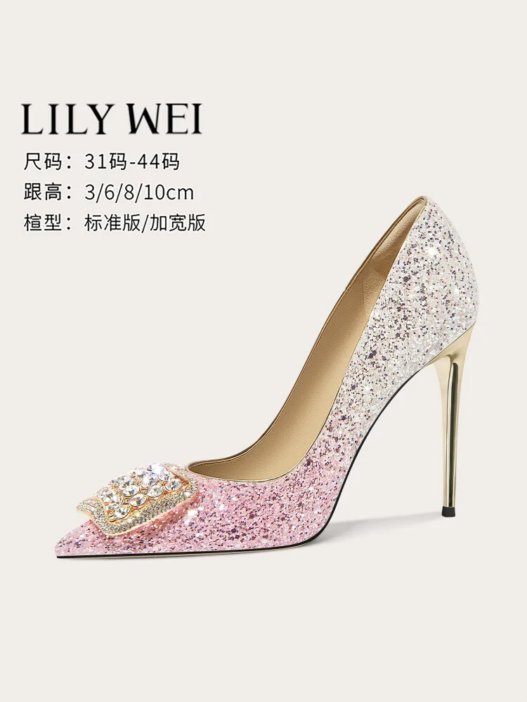 

Spring contrasting color sequin rhinestone buckle shallow single shoes thin high heel banquet large size small size women's shoe