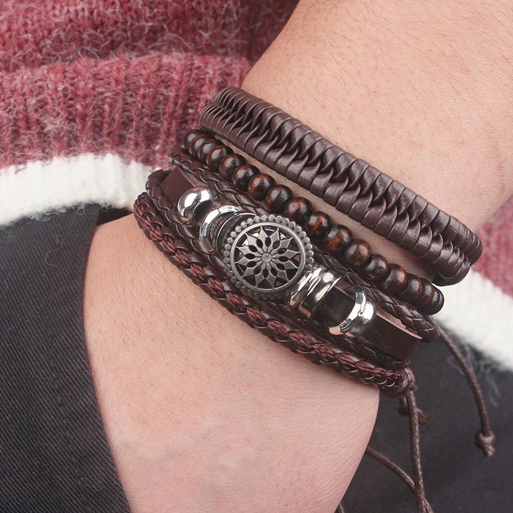 4 ps/juego de pulseras de cuero para hombres, envoltura trenzada, colgante de timón de árbol de la vida Vintage, cuentas de madera, pulsera étnica Tribal, pulsera de cuerda