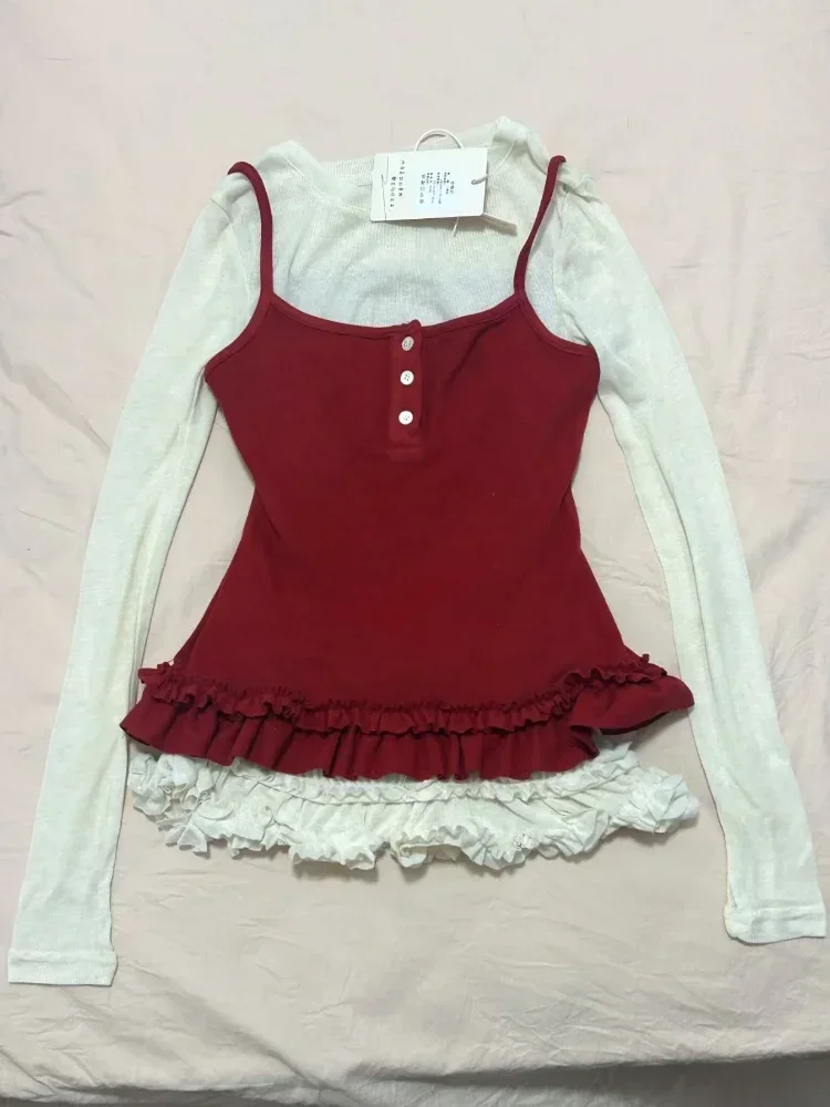 

Эстетический повседневный лоскутный топ из двух предметов, женский дизайн, милые тонкие кружевные топы с базовым слоем, женские винтажные тонкие футболки с круглым вырезом