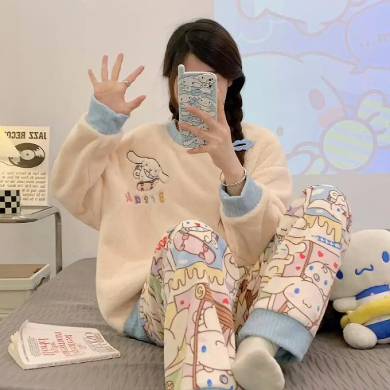 Kawaii Snoopy Cinnamoroll Pajamas Winter Thick Flannel Round Neck Home Clothing Long Sleeved Top Pants Set Girl Christmas Gift