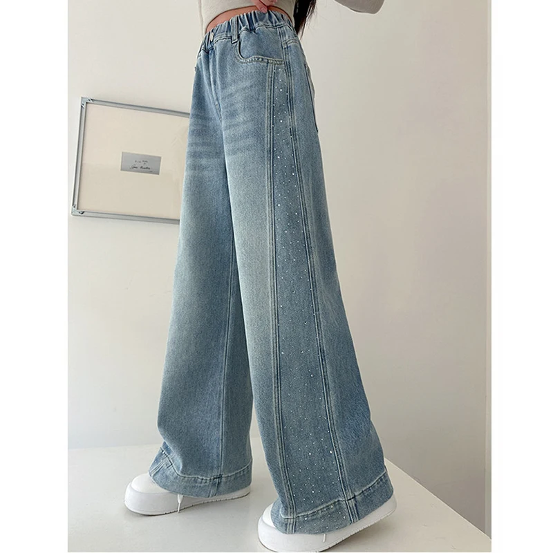 5-14 Years Spring Autumn Girls Jeans Fashion Side Hotfix Rhinestone Sparkling Design Straight-leg Pants For Teen Girl