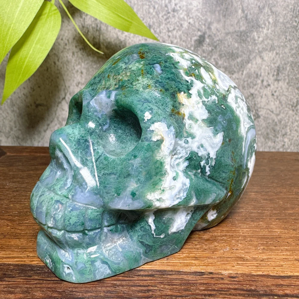 Skull Made from Natural Moss Agate Crystal Polished Raw Stone Perfect for Halloween Ghost Themed Decor Crystal Collection