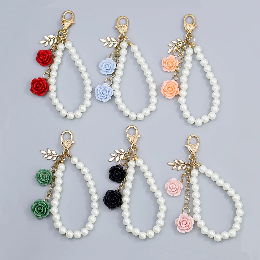 Fashion Rose Tassel Keychains Elegant Imitation Pearl Wristband Keyrings Women Handbag Phone Ornaments Accessories Jewelry Gifts