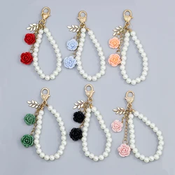 Fashion Rose Tassel Keychains Elegant Imitation Pearl Wristband Keyrings Women Handbag Phone Ornaments Accessories Jewelry Gifts