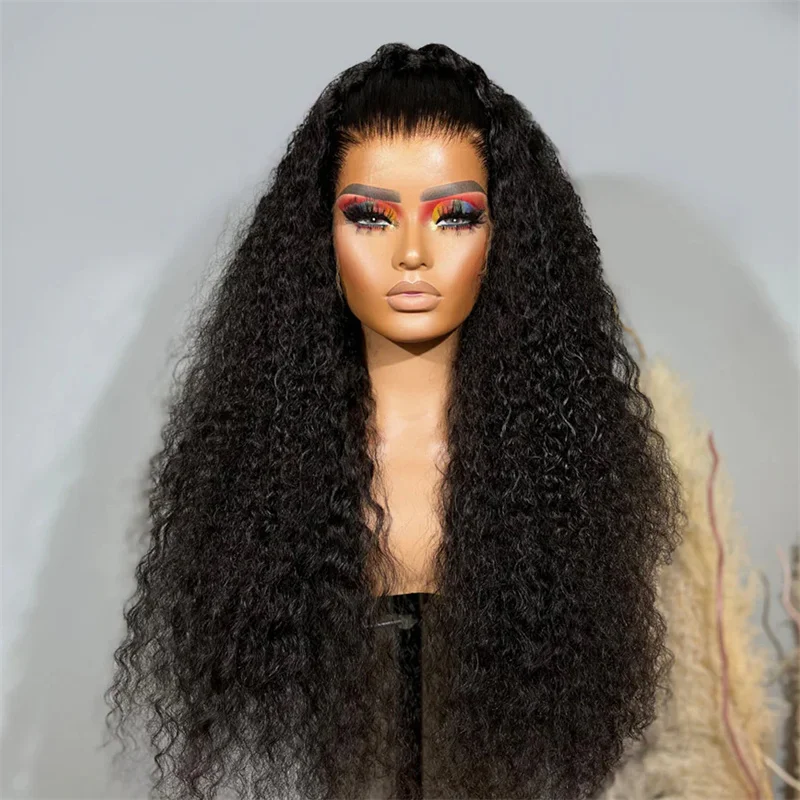 Soft Long Natural Black Glueless 180Density 26Inch Kinky Curly Deep Lace Front Wig For Women With Baby Hair Preplucked Daily