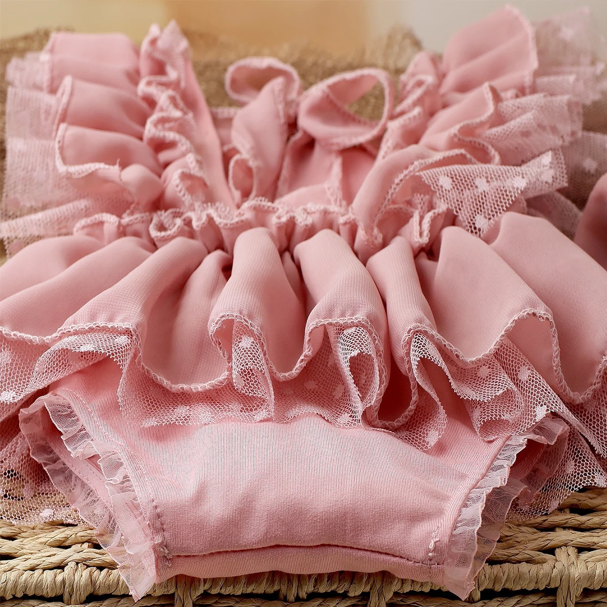 Ylsteed 2 Pieces Set Dusty Pink Chiffon Newborn Romper with Bow Hairband Dot Lace Baby Photography Outfits