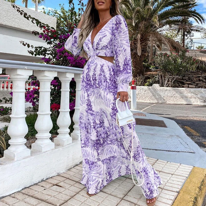 Spring Sexy Hollow V Neck Buttons Bohemian Dress Women Elegant Printed High Waist Long Dress Autumn Flare Long Sleeve Maxi Dress