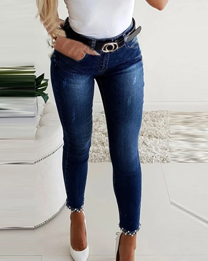 Women's Trousers Casual Summer for 2024 Spring Summer Solid Color Beaded Slit Bowknot Decor High Waist Skinny Daily Jeans