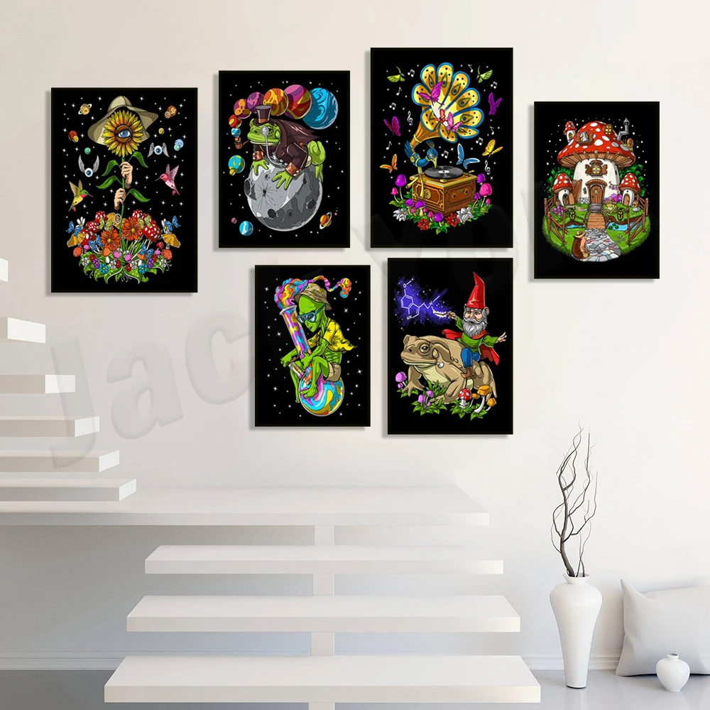 Psychedelic Alien Weed Pipe Poster, Psychedelic Frog, Magic Mushroom, Skull, Skeleton Playing Guitar, Stoner Art, Hippie Gift
