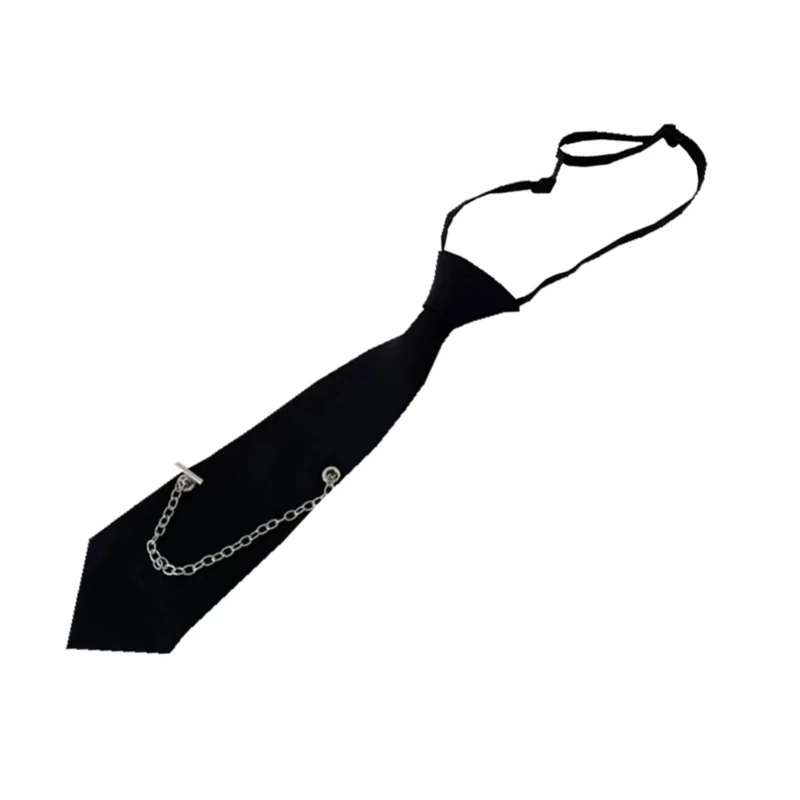 Black Ties with Metal Chain Hiphop Punk Pre Tied Necktie for School Uniform Tie K3KF