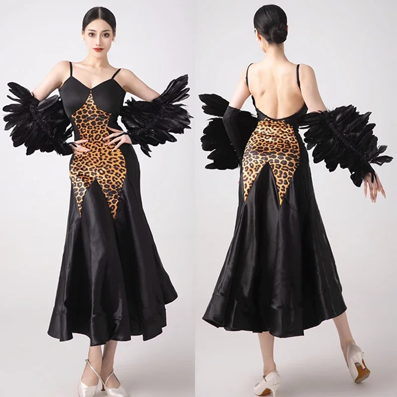 Feather Ballroom Dance Competition Clothing leopard Long Dress Waltz Dance Performance Costume Adult Prom Dance Dress BL12380