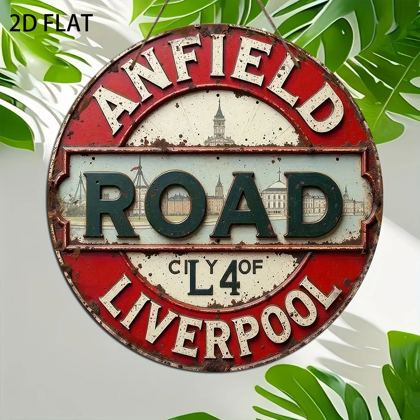 2D flaches 1-teiliges rundes Wandschild „Retro Liverpool L4 Anfield Road“ – rustikale dekorative Holzeinsätze mit historischen Sehenswürdigkeiten