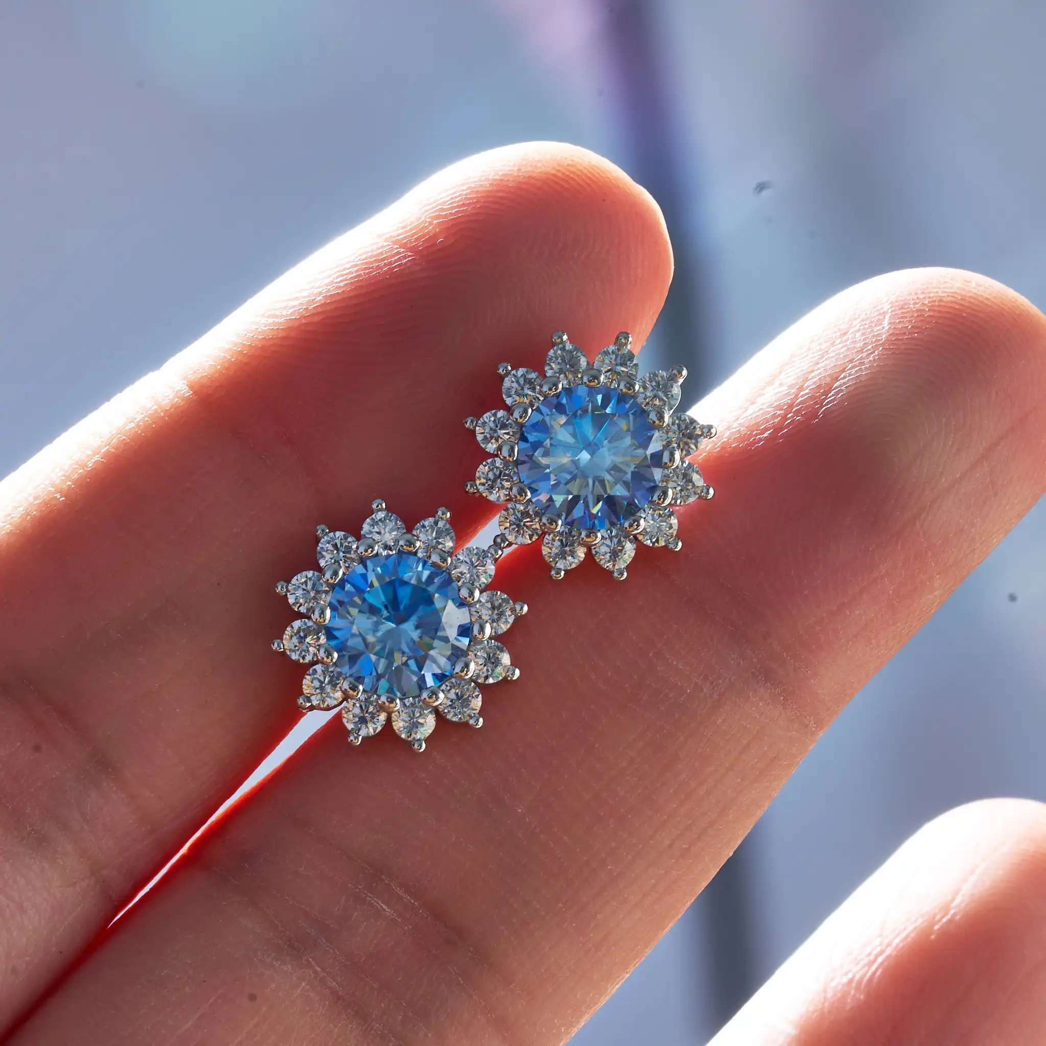 Blue Moissanite Stud Earrings for Women S925 Sterling Silver White Gold Plated Diamond Earring Ear Studs Wedding Fine Jewelry