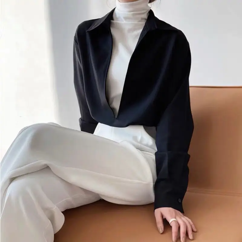 Women Hoody 2022 New Spring Euro-America Style Simple Office Lady Pullovers Full Solid Pullovers Turn-down Collar Women Tops