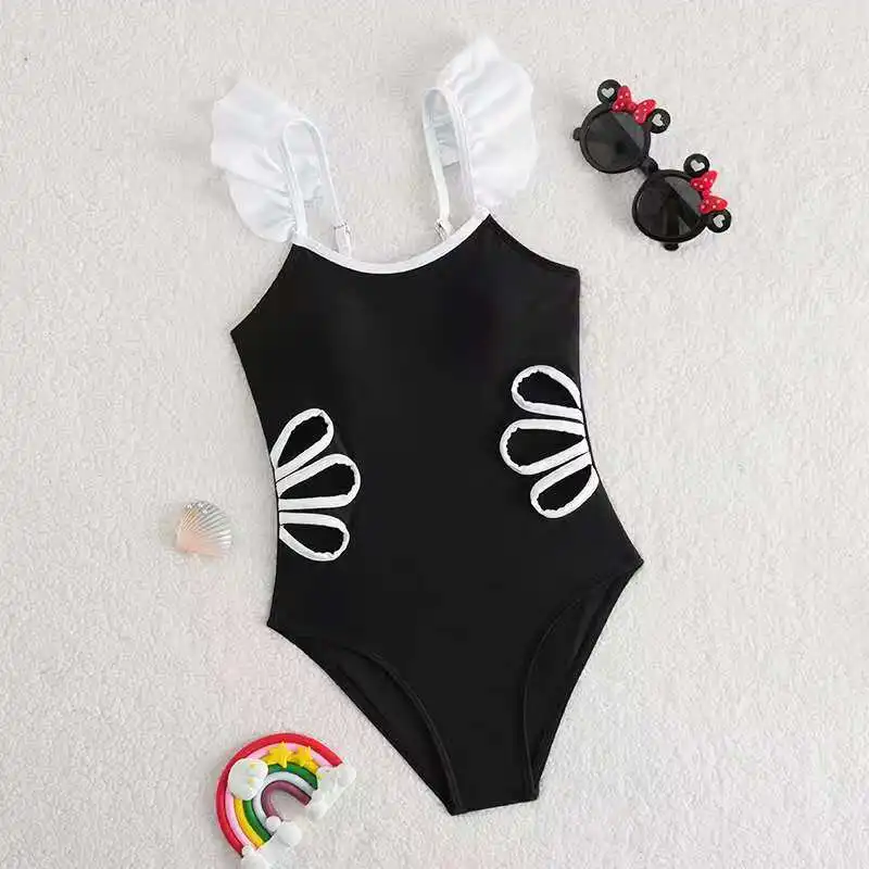 

2026 Strappy Black Girls Swimsuit Ruffle Hollow Kids Swimwear Female Solid Children's Bathers Bathing Swimming Swim Suit