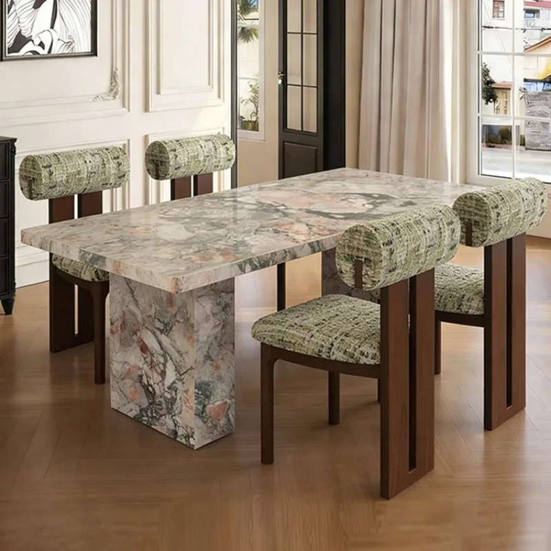 Light Luxury Natural Marble Dining Table Solid Stone Tabletop Stable Metal Base Modern Dinner Table for Villa Home Kitchen