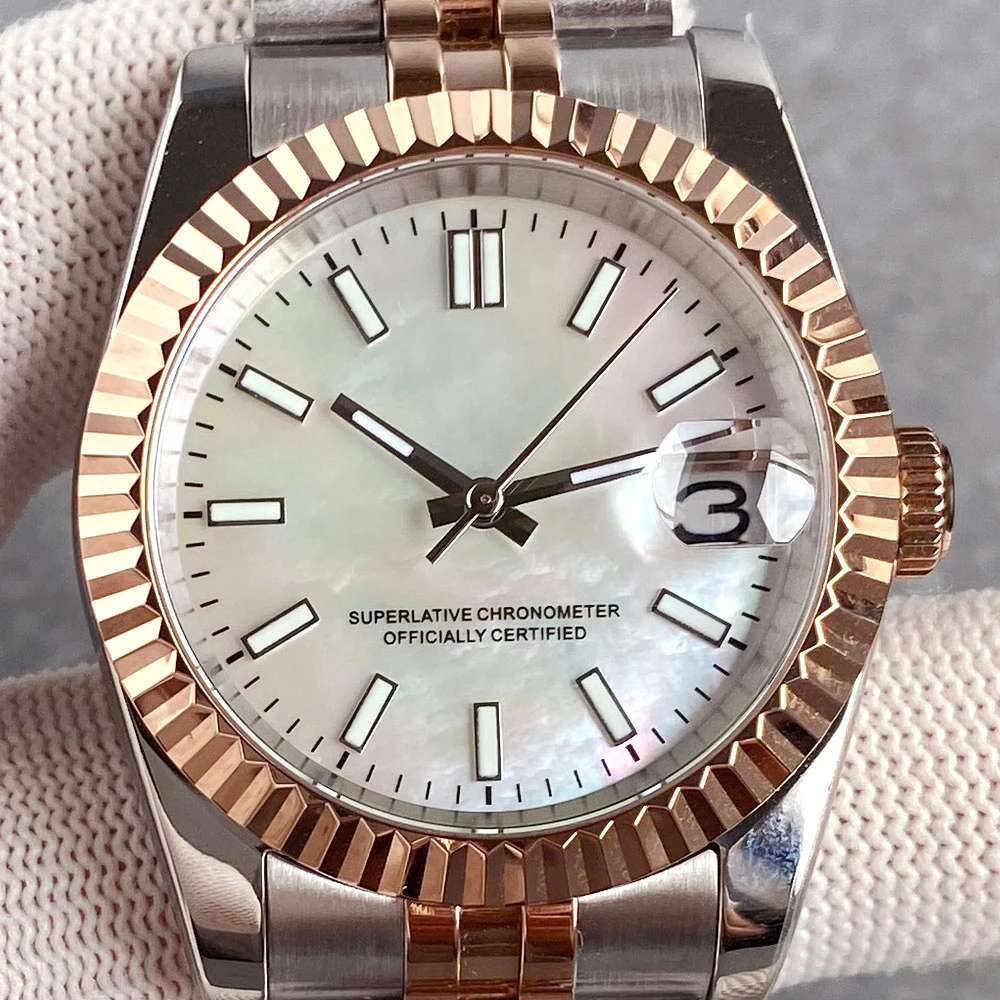 تخصيص اثنين من لهجة ارتفع الذهب حالة DJ MOP أم اللؤلؤ الهاتفي 36/39 مللي متر الياقوت NH35A غواص ساعة الرجال 20ATM التلقائي