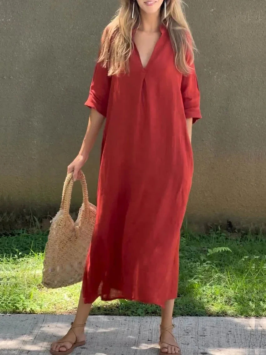 

2024 Women's Long Dress Summer Casual Fashion Loose Women's Dress With Slits On Both Sides V-Neck 7-quarter Sleeves