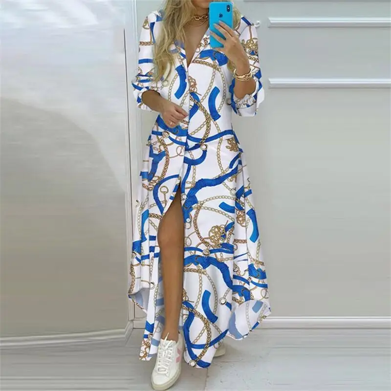 Summer Women Boho Printed Long Shirts Elegant Dress Turn-down Collar Long Sleeve Female Casual Split Shirt Evening Maxi Dresses