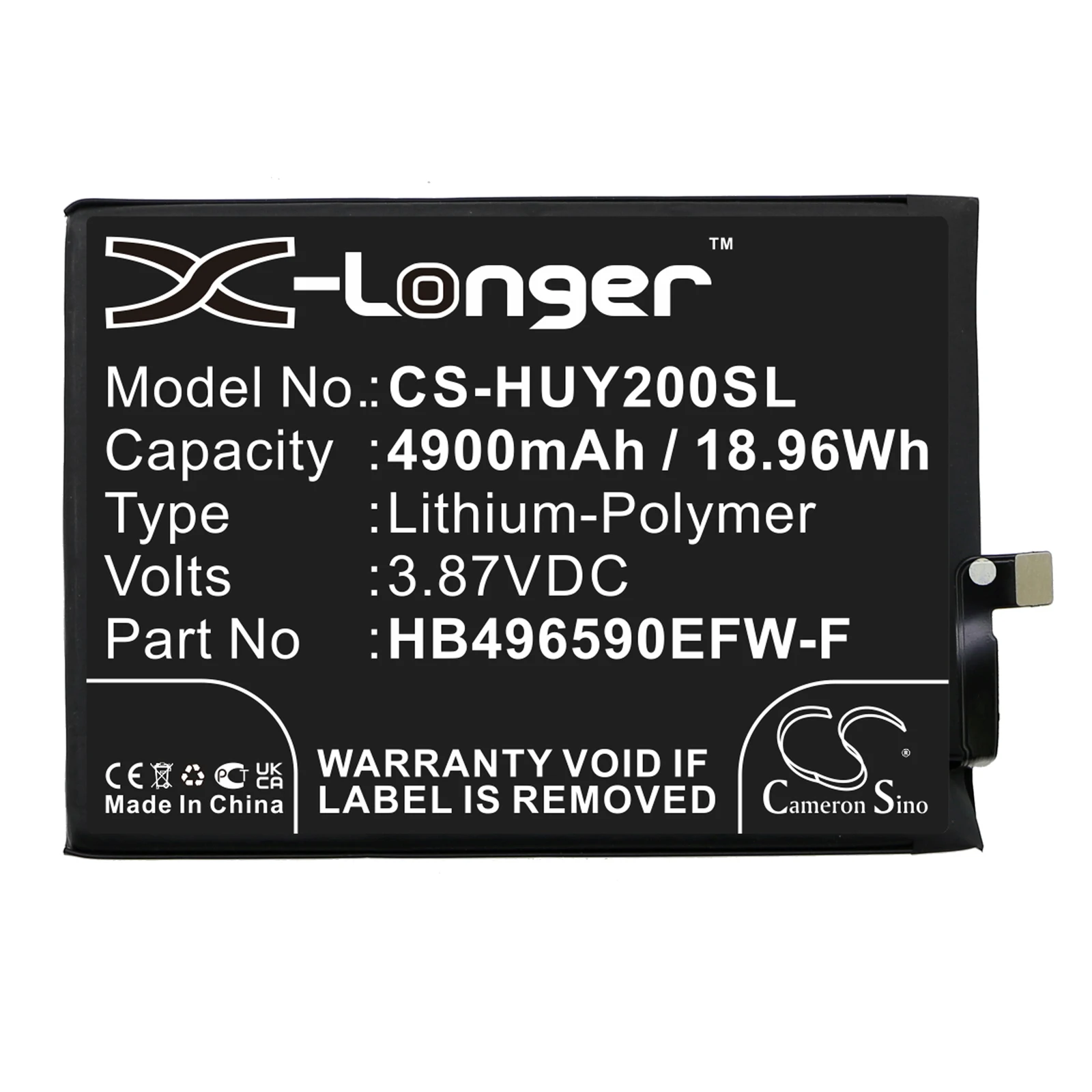 

Mobile phone battery for 4900mAh Li-Polymer 3.87V 18.96Wh for Honor Play 20 KOZ-AL00 Huawei KOZ-AL00 Changwan 20 HB496590EFW-F