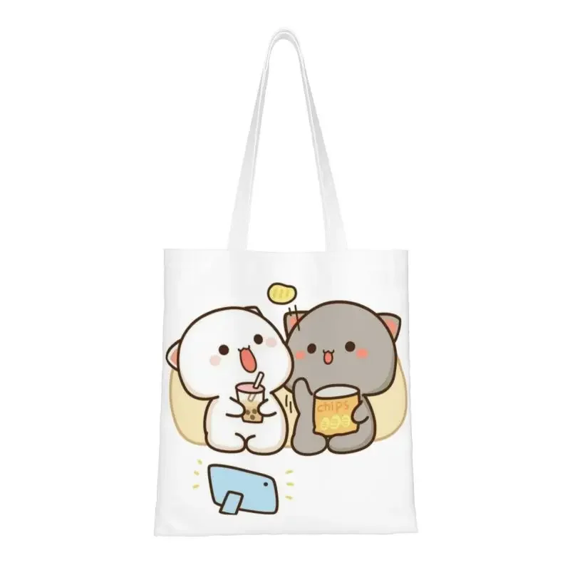 Recycling Peach And Goma Mochi Cat Eating Chips Shopping Bag Women Shoulder Canvas Tote Bag Durable Groceries Shopper Bags