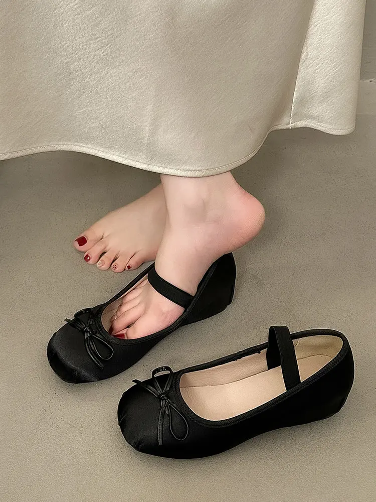 Elevated Ballet Flats Women's Mary Jane Shoes Satin  Knot Slip-On Fashionable Spring Summer Rubber Outsole round Toe