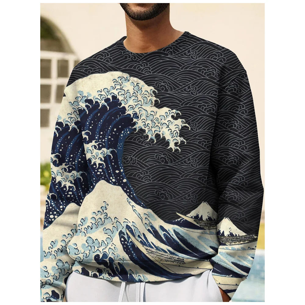 Japanese Ukiyoe Sweatshirt for Men Long Sleeve Tops Wave Graphic Clothing Oversized O Neck Pullover 2024 Streetshirt Boy Hoodies