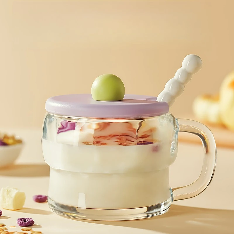 

Breakfast Cup with Lid Spoon Handle Transparent Glass for Milk Oatmeal Yogurt High Aesthetic