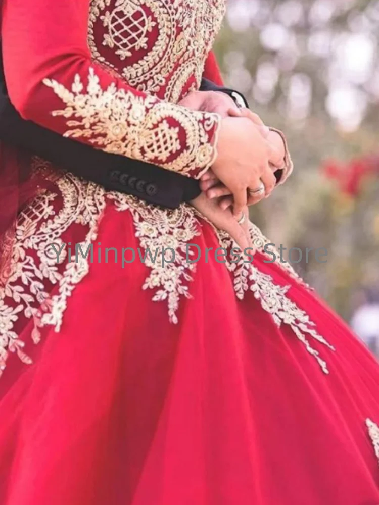 Kleurrijke moslim trouwjurken met hijab baljurk met lange mouwen Prachtige vrouwenjurk Applicaties Rode bruidsjurken op maat